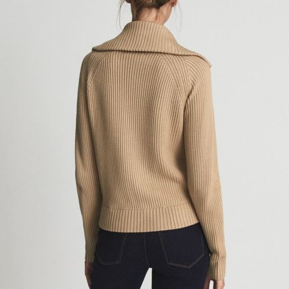 Reiss Beige Multi-Media Knit Zip-Up Funnel Neck Jacket - Picture 4 of 5